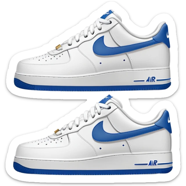 Pair of white Nike Air Force 1 sneakers, one showing the side profile and one showing the front sticker