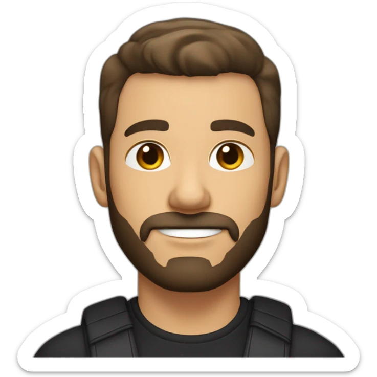 White man with slight sun kissed tan, dark brown eyes and undercut fade hairstyle. He has beard stubble and mustache trimmed. Black clothing, hair styled sideways backwards. sticker