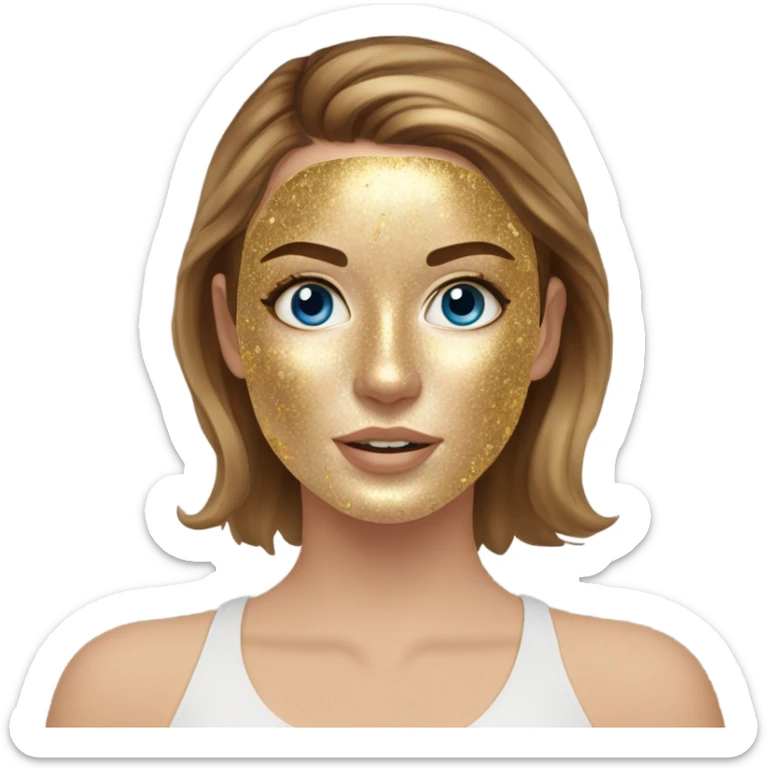 White girl with freackles and Brown hair, and blue eyes using Gold gel mask under her eyes sticker