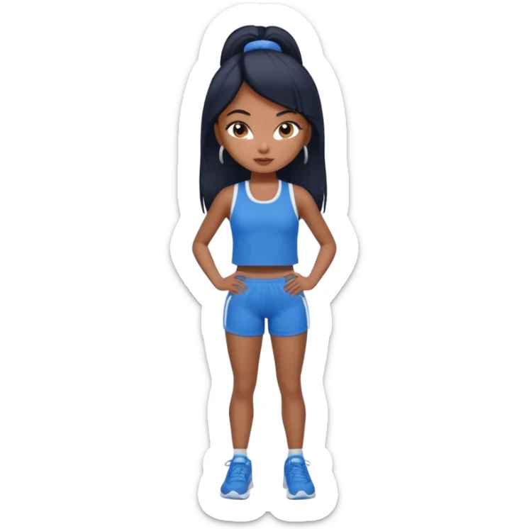 a pretty bratz tan girl who is skinny, hair color is black. wearing blue gym clothes.  sticker