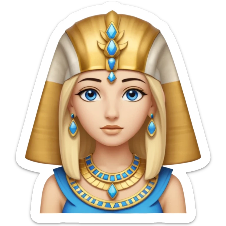 crea l'emoji di Cleopatra ma con i capelli biondi e gli occhi azzurri vestita da faraone con i gioielli egiziani e il cappello da faraone sticker