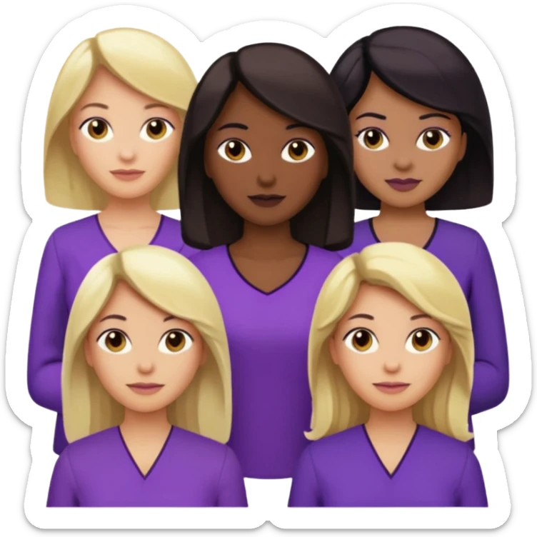 Group of reproductive age women 25-50 of all races with light, medium, dark and very dark skin tones. Blond, brown, black hair color with various purple blouses and shirtys. 10 per image sticker