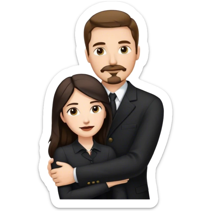 couple portrait, tall white man with brown hair goatee mustache embracing a pale woman with long black hair, wearing formal clothing sticker