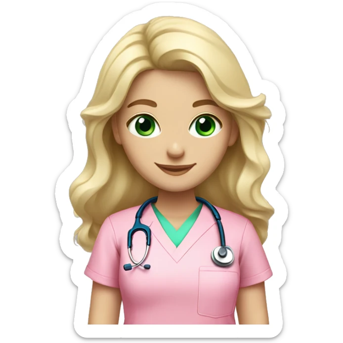 pale blonde girl with long wavy hair and green eyes wearing pink scrubs and stethoscope  sticker