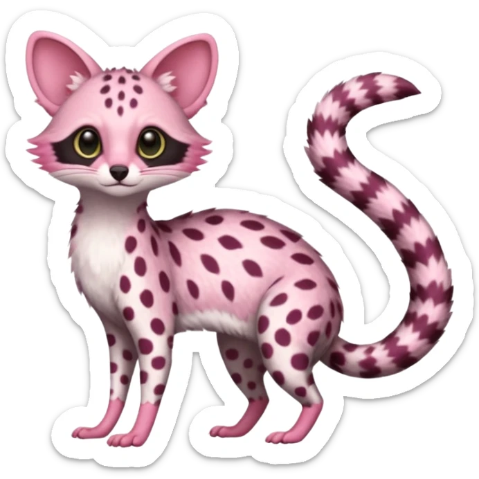 Pink-spotted genet-Trico-Vernid-Cacomistl-Fakémon-hybrid-fusion-creature (full body) sticker