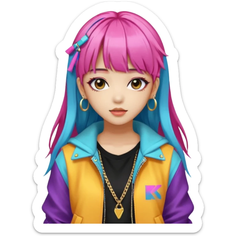 Portrait of a young female K-pop idol, wearing a stylish streetwear outfit with layered clothing and bold accessories, colorful dyed hair with bangs, confident expression, soft lighting, front-facing, energetic and glamorous vibe sticker