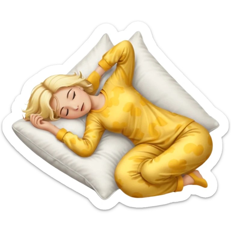 woman with blond hair in yellow pajamas, sleeping on her back on a white pillow, classic iOS emoji style sticker