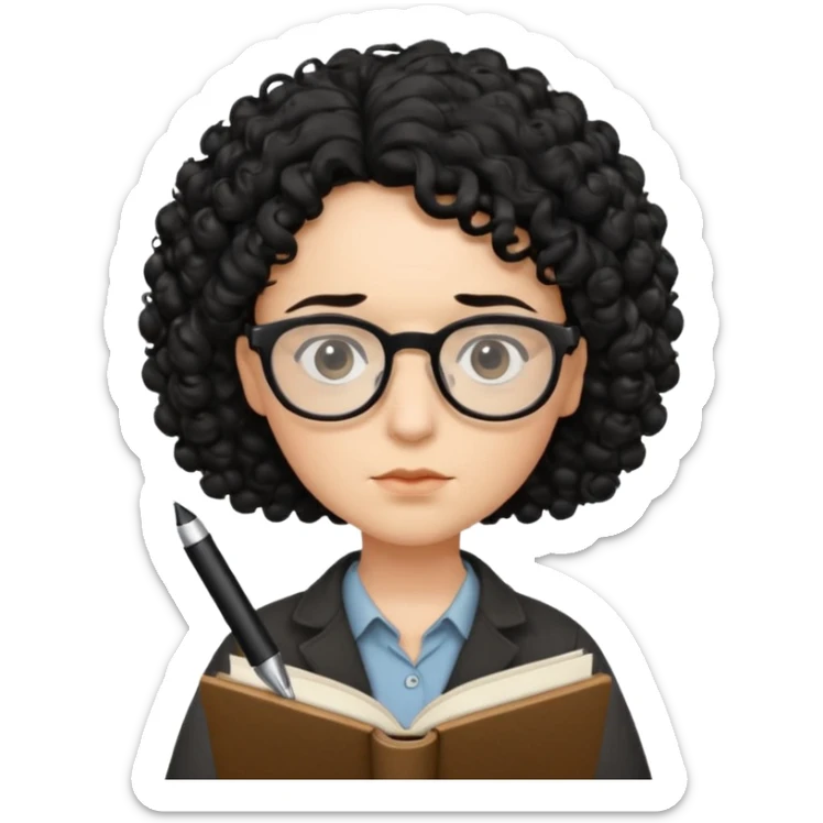 writer holding pen in hand and closed book in other hand, with black curly hair and wearing glasses sticker
