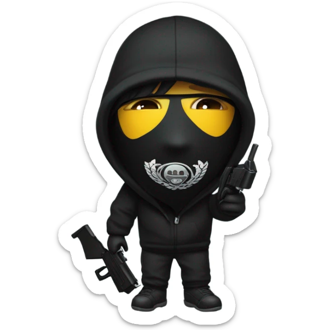 person with black hoodie on and black sweats and black ski mask with a black watergun sticker