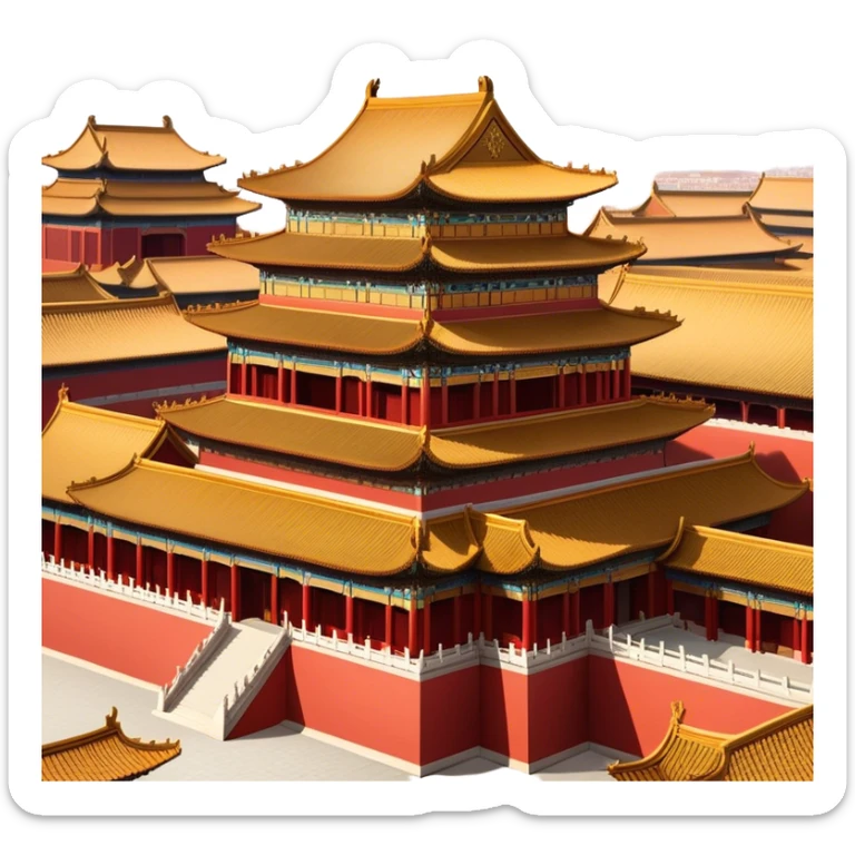 Cinematic Realistic Forbidden City Landmark Emoji, depicting grand imperial architecture with golden rooftops, vast courtyards, and intricate wooden carvings, all surrounded by towering red walls. sticker