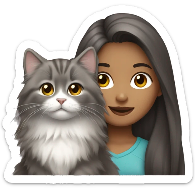 Dark brown straight hair girl with holding fluffy Siberian gray cat  sticker