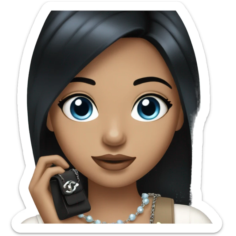  girl, straight black hair, blue eyes, a Chanel handbag in her hand sticker
