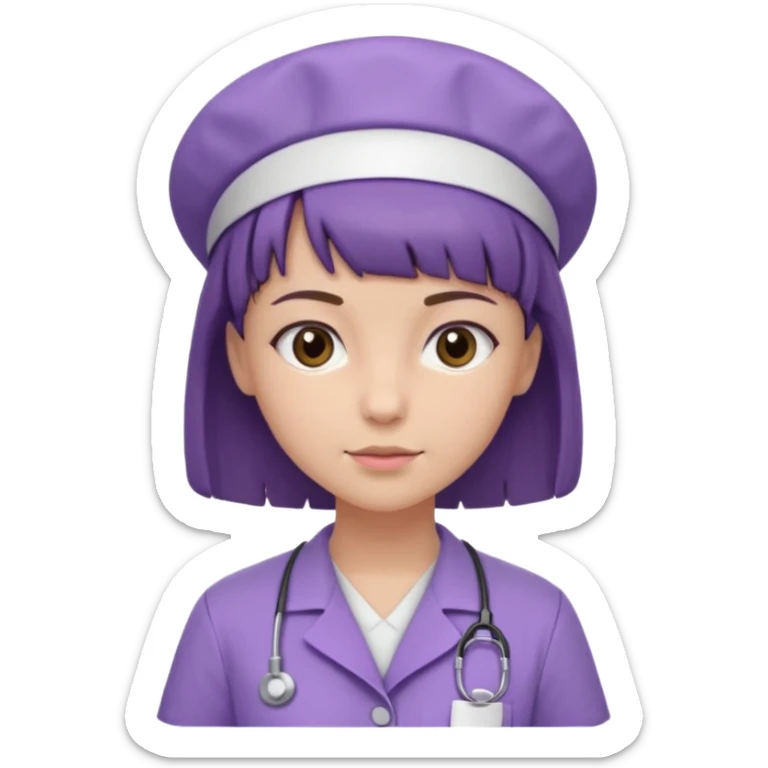 A young female slim nurse with short Brown hair with fringe over her forehead, wearing larvendar purple working cloth, show her hair style without any head wear sticker