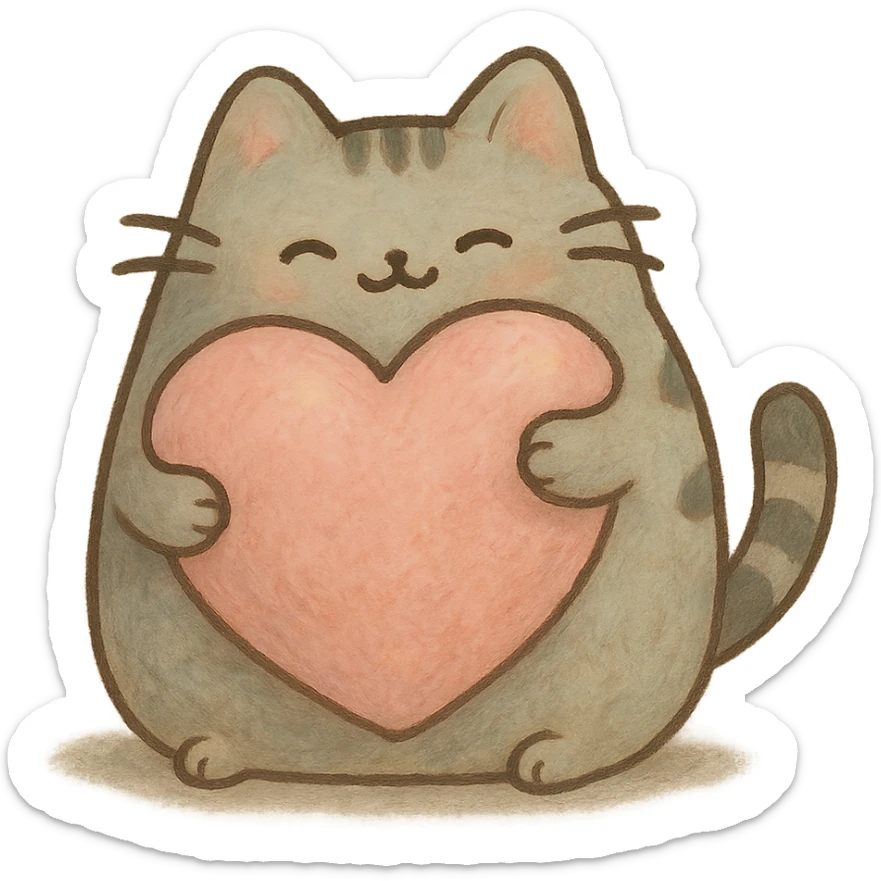 Pusheen hugging a big heart, pastel colors, adorable, ghibli style sticker