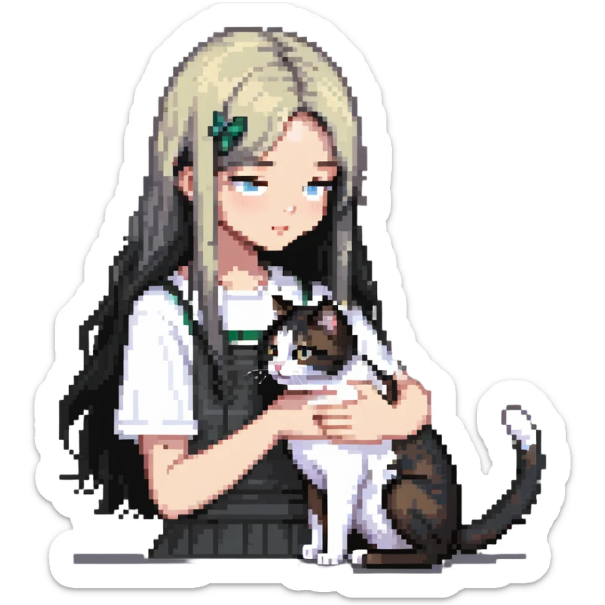 Beautiful girl with long black hair petting a gray and blonde mixed cat sticker