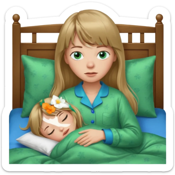 Woman with long dark blond hair and bang, blue eyes sleepy in bed  with green pyjama sticker