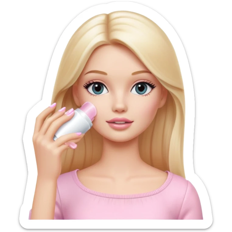 A white Barbie girl with long blonde straight hair in pale pink clothes smears by hand cosmetic cream on her face sticker