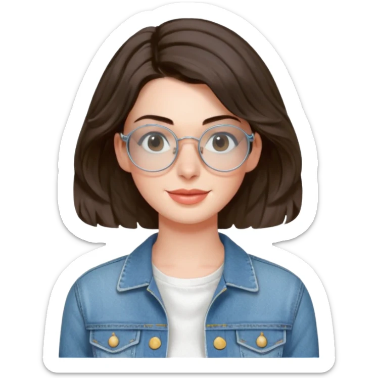 Anne Hathaway with wire-rimmed circle glasses and short wavy hair, wearing scoop neck white dress and a denim jacket sticker