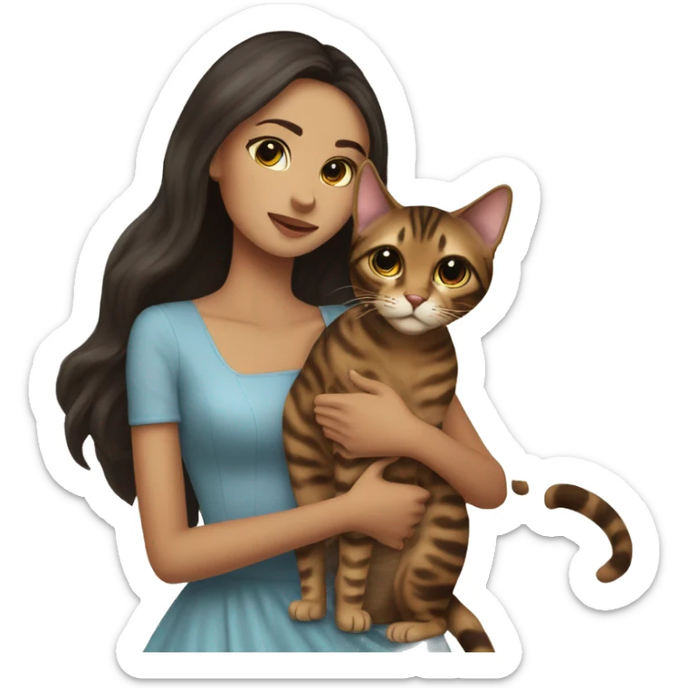 Beautiful skinny woman long dark brown hair in dress hug bengal cat sticker