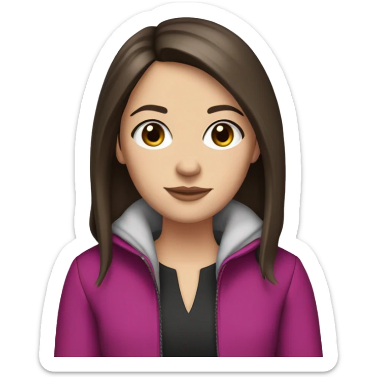 white girl with brown eyes, long straight dark brown hair, curtain bangs, and a magenta jacket sticker