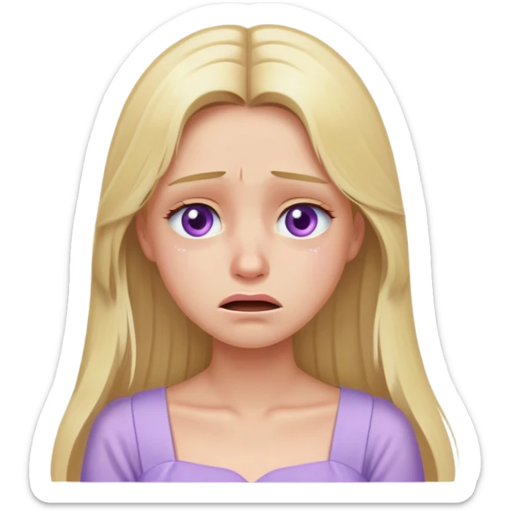 crying face blonde model, hazel eyes, sleek long hair, pastel purple dress sticker
