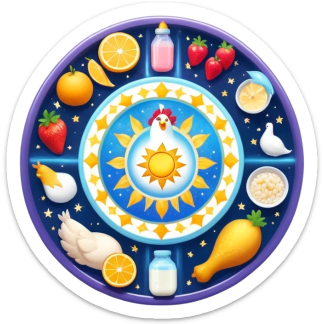 Magical daily fitness nutrition schedule with ethereal water bottle, celestial sun, enchanted chicken and rice plate, mystical gym equipment, glowing yogurt, sparkling fruits, and dreamy sleep symbol, all arranged in a cosmic circle with starry aura sticker