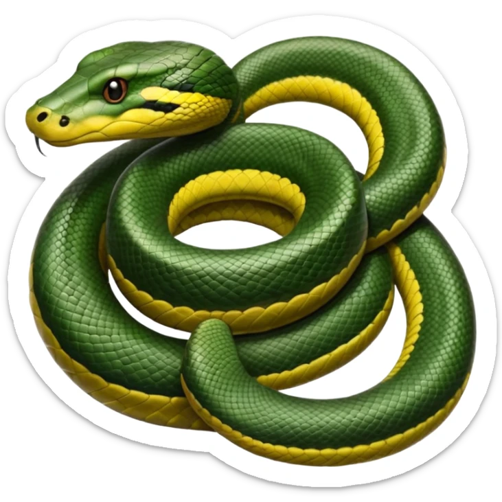 A photo-realistic top-down view of a Green Anaconda tightly coiled in a spiral, with its broad, flat head resting at the center. Its olive-green body is thick and muscular, patterned with symmetrical, bold black oval spots that flow along its smooth, glossy scales. sticker