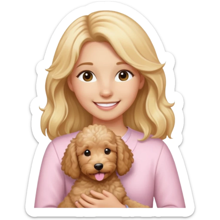 girl with long blonde hair wearing light pink smiling holding tan goldendoodle sticker