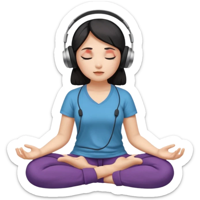 An East Asian woman🧘🏻‍♀️ is sitting cross-legged in a meditation pose, wearing Apple headphones🎧 and listening to music. The song is so beautiful that she has her eyes closed and tears streaming down her face. sticker