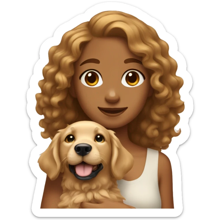 Tan skinned girl with  curly hair with a golden retriever puppy sticker