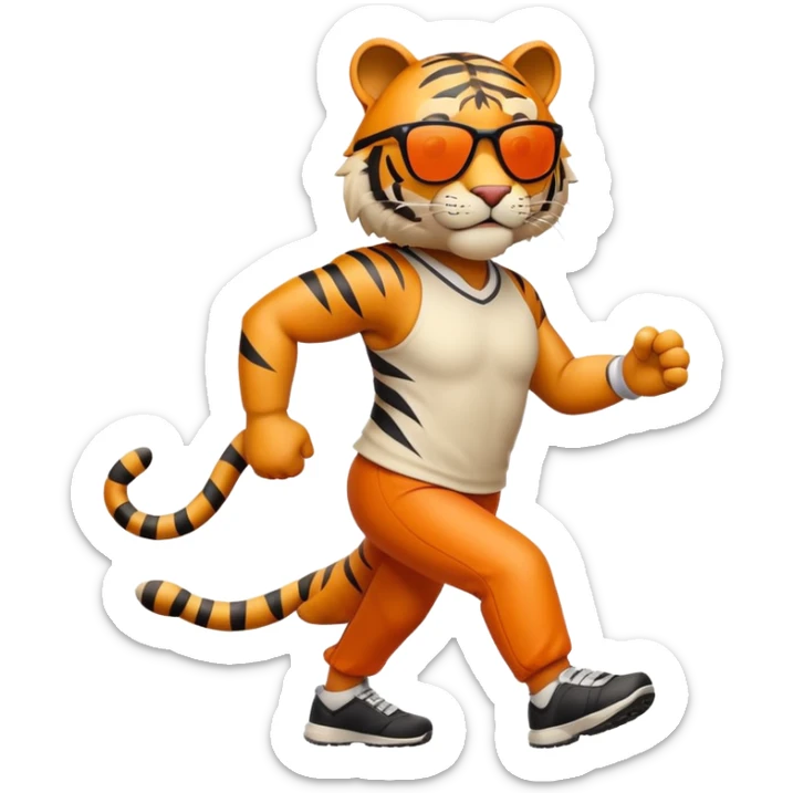 energetic anthropomorphised tiger in sports clothes, wearing dark sunglasses, walking upright sticker