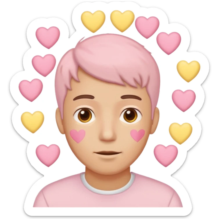 A man with hearts around his head in soft pink, beige and yellow pastel colors sticker