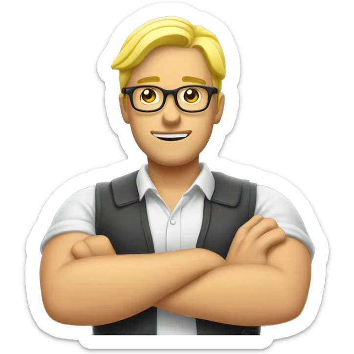 man crossing his arms in front of him in the 'prohibited' gesture. the man has blonde (yellow) hair, and he is wearing reading glasses. sticker