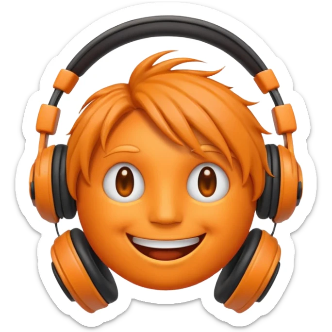 Orange happy face emoji with a couple of hair,headphones,and antennas. sticker