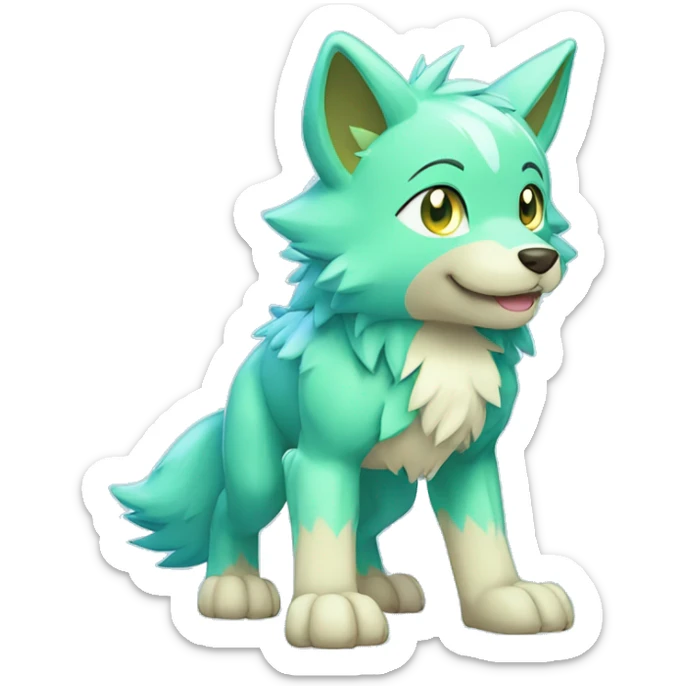 Cute Shy Shiny Light-Green Fakémon-Wolf-Pokémon with Cyan-Blue eyes Full Body sticker