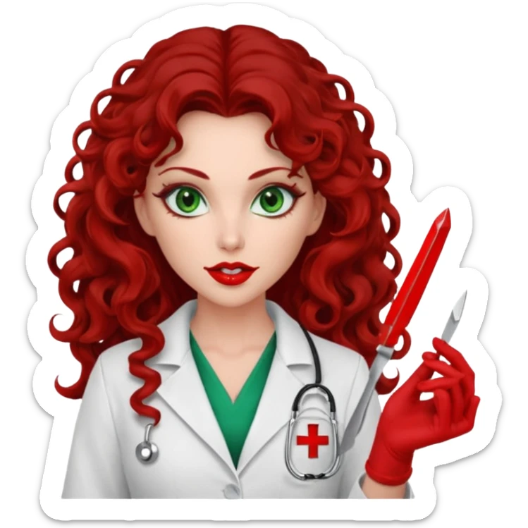 Lilith symbol sexy evil woman. She has green eyes.  had brown long curly hair.  evil surgeon kills with scalpel wears red sexy doctor coat with red mouth cover red gloves sticker