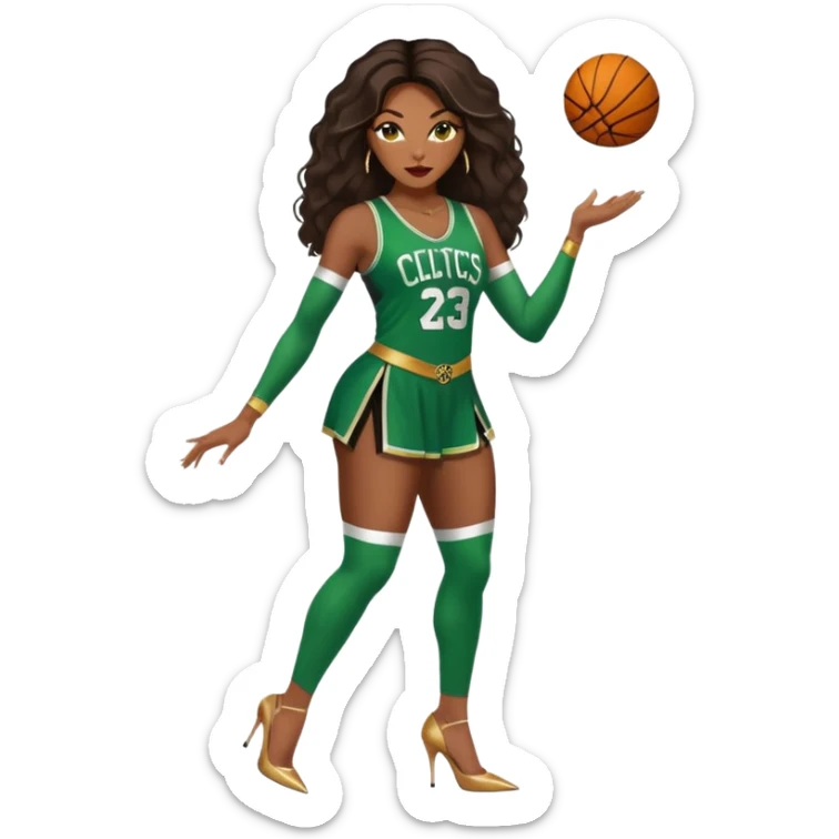 A 48-year-old black woman with brown eyes, long dark brown balayage hair dressed in sexy 
celtics jersey costume outfit and stilettos  sticker