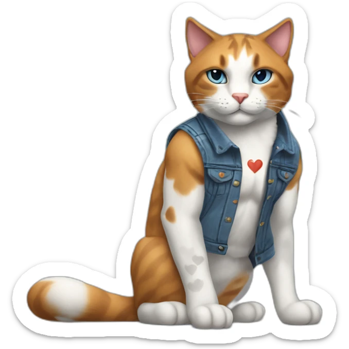 Meowscles is a muscular and humanoid calico cat in blue jeans. He has a heart with "Lynx" written inside of it tattooed on his right bicep. sticker