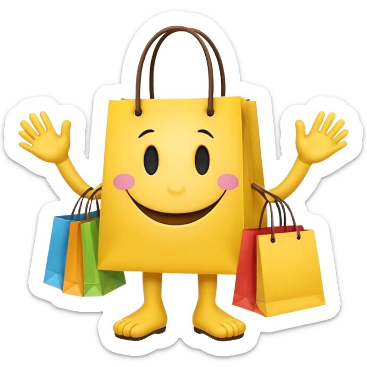 HAPPY SMILEY FACEWITH HANDS AND FEET EMOJI WITH SHOPPING BAGS IN EACH HAND sticker