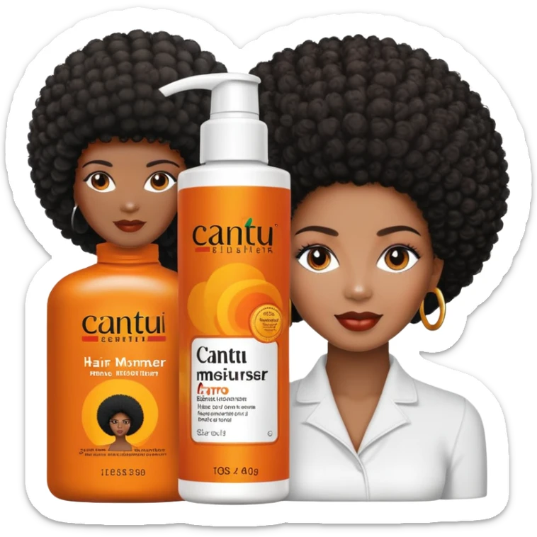 Bottle of Cantu Hair Moisturiser. The label on the bottle should have a picture of a black woman with afro. sticker