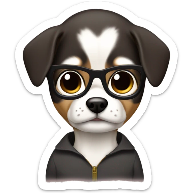 dark hair dark eye man with short mustache wearing glasses holding chihuahua sticker