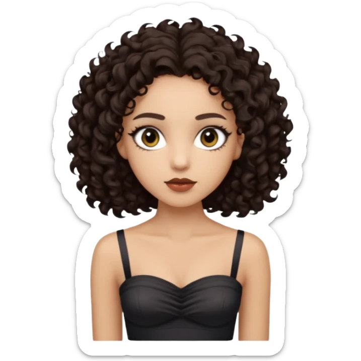 Woman with light skin and super dark brown-almost black colored irises eyes and waist length dark brown curly hair and white tube top with no straps sticker