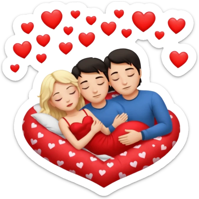 Sleeping couple. two people. man has dark hair. woman is blonde. hearts surrounding them. sticker