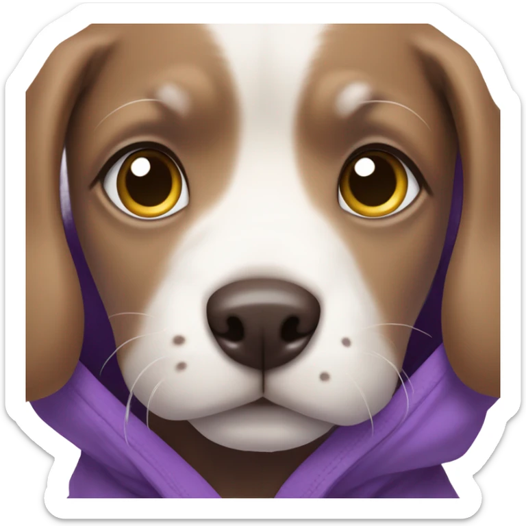 Brown and white dog puppy eyes wearing a purple hoodie sticker