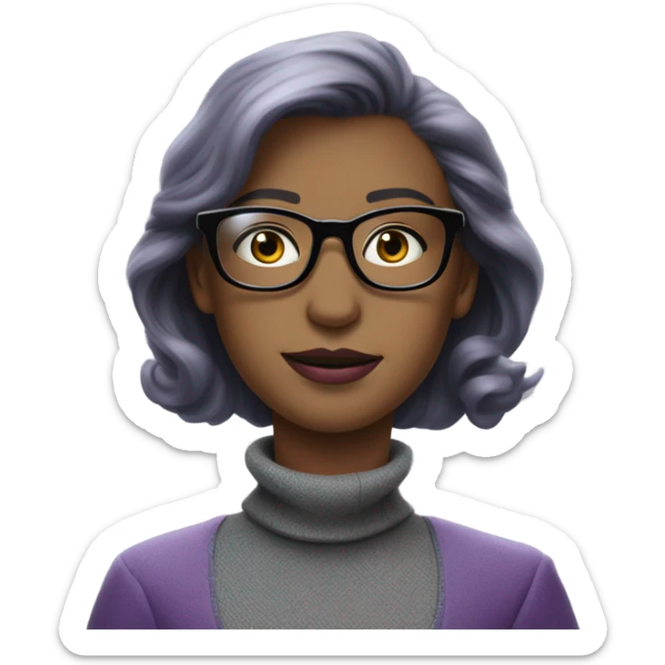 Full torso of Tv show young Diana I Prince wearing grey suit with silk voile  purple turtleneck and black eyeglasses  sticker