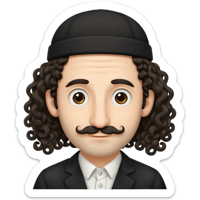 jewish jew man's face, wearing a tiny black kippah and 2 curly long hair strands near the ears, big nose, only face, no body, no mustache sticker