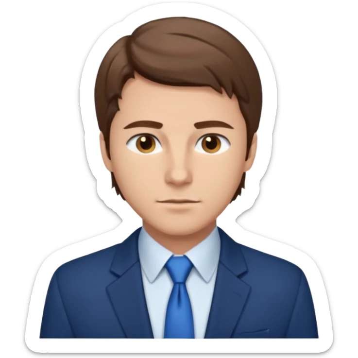 un homme type caucasien brun avec des jolies traits avec une chemise blanche et une veste a manche longues et cravate bleu il a les yeux marron sticker