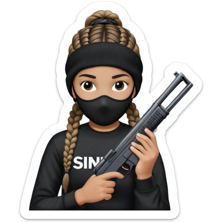 wearing a ski mask, braided hair, wearing a black t-shirt with the words sinkids on it and holding a gun sticker