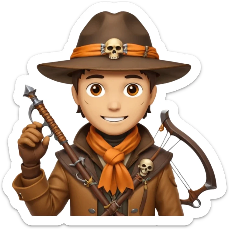 male human monster hunter emoji, wearing brown leather coat and wide hat, holding crossbow, with amulet shaped like skull, Halloween fantasy theme, confident smile, orange scarf, Apple emoji style, clean white background, square image sticker