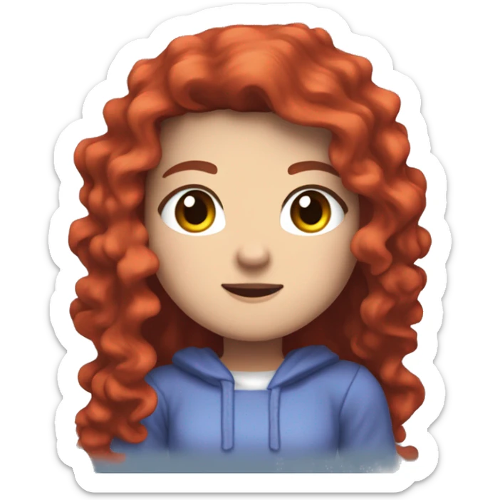 a white girl with long red curly hair, wearing periwinkle Minecraft hoodie playing a videogame sticker
